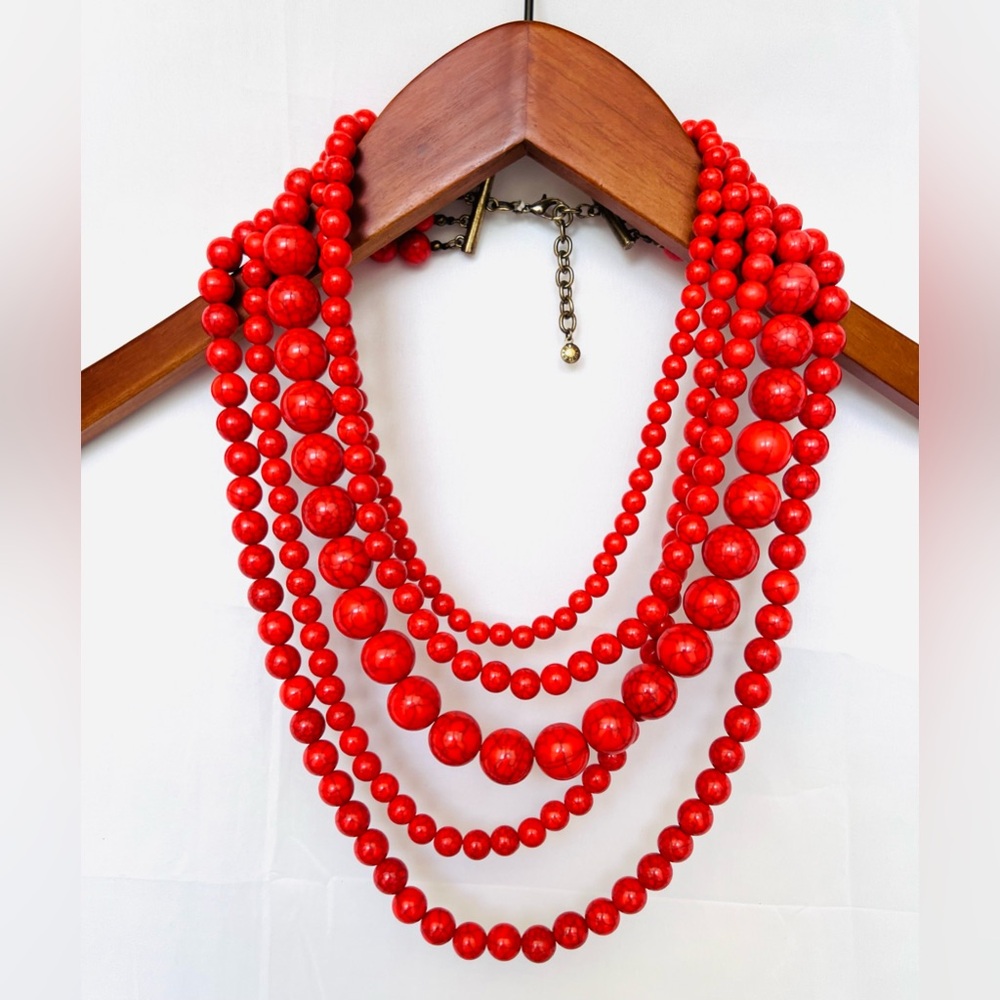 Red Multi-Layer Beaded Matinee Necklace